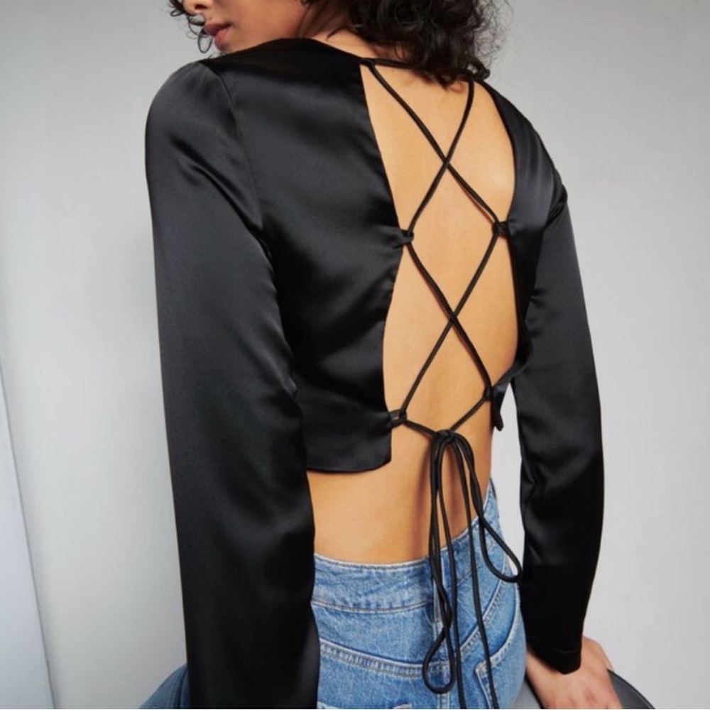 Dynamite Black Satin Open Back Tie Crop Top